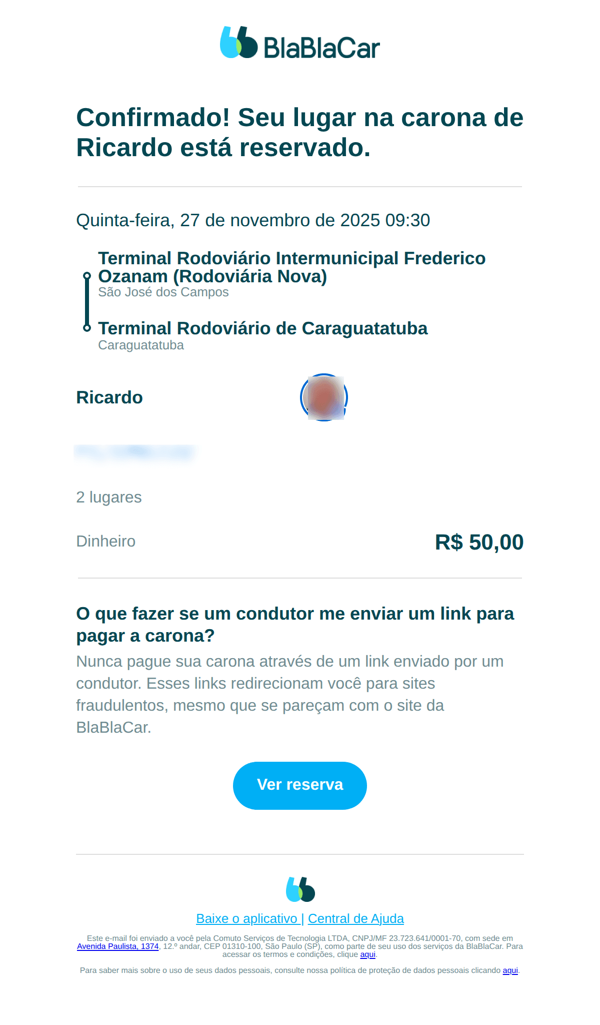 BlaBlaCar: Reservado! Você vai para Caraguatatuba