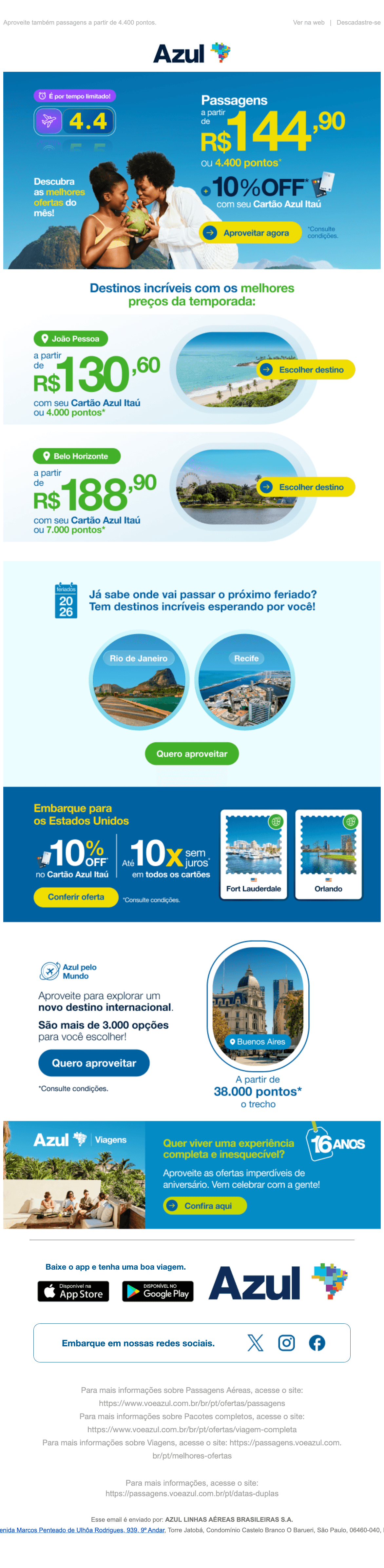 Azul: 🚨 Só por 24H: passagens a partir de R$144,90