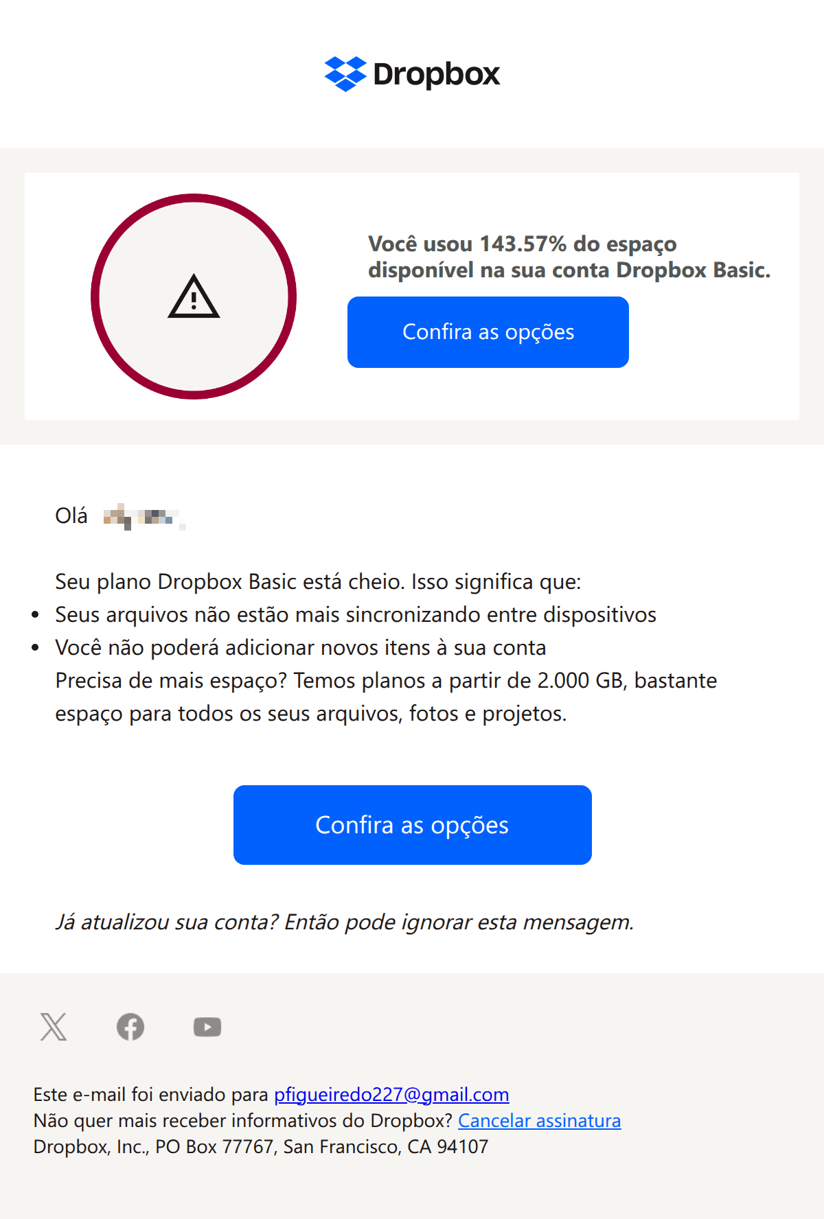 Dropbox: [name], sua conta do Dropbox está sem espaço.