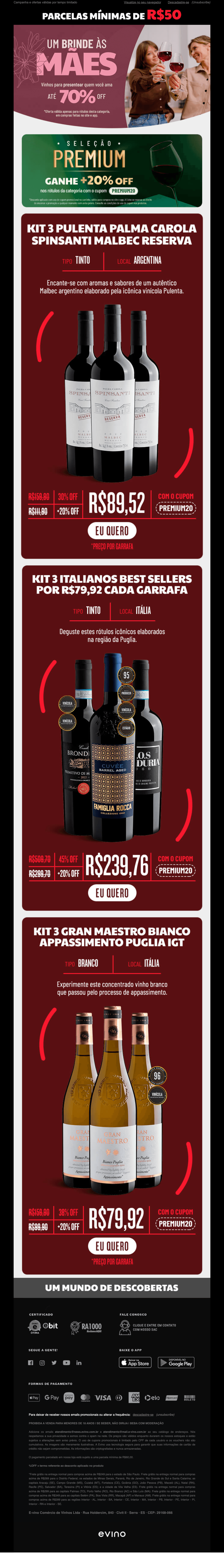 Evino: 20% OFF EXTRA com cupom