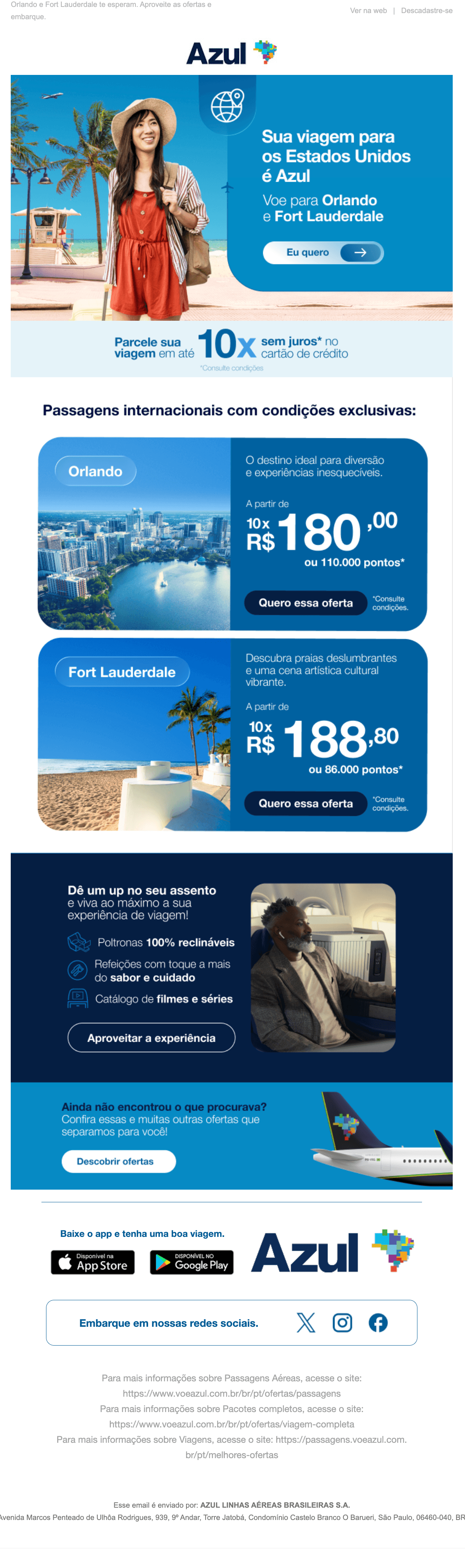 Azul: EUA a partir de 10x de 180 ✈️