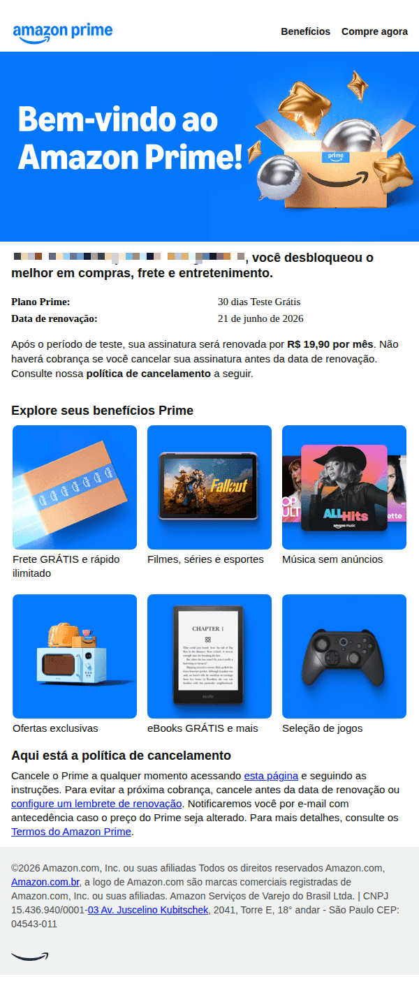 Amazon: Que bom ter você no Amazon Prime!