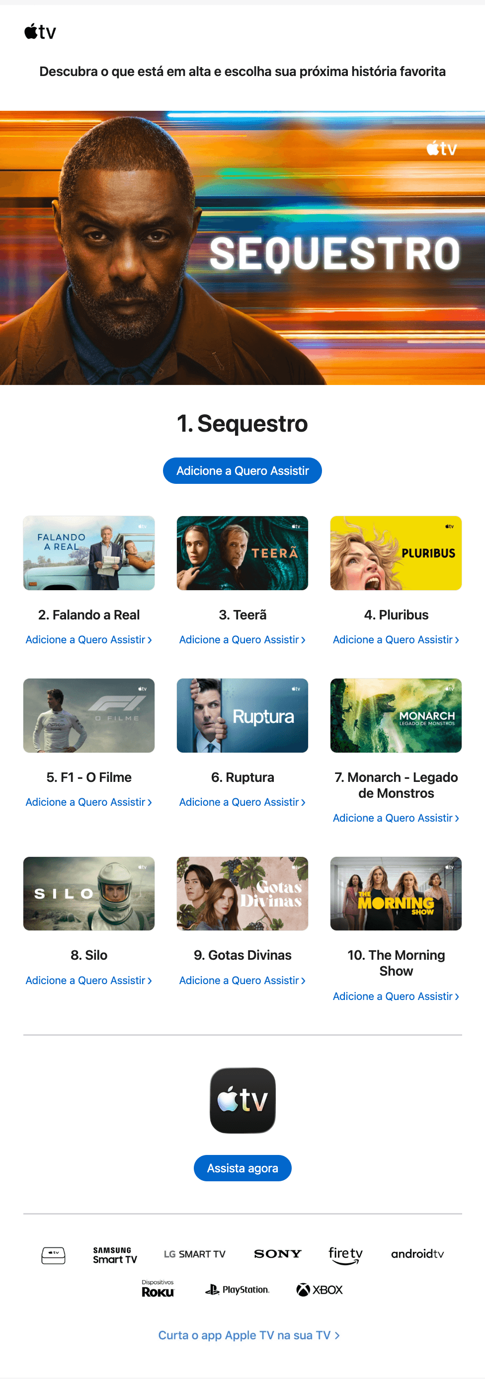Apple: Não perca o top 10 de filmes e séries, hoje, no Brasil
