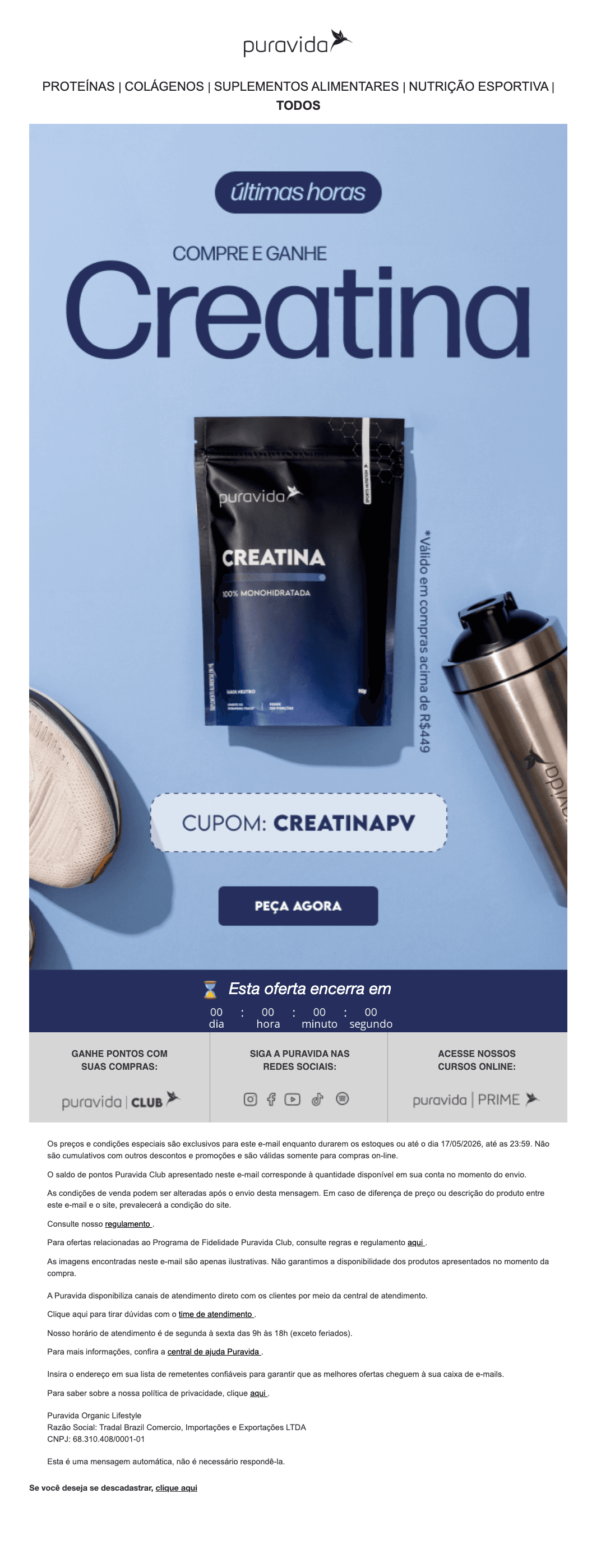 Puravida: Sua Creatina vai acabar! ⏳