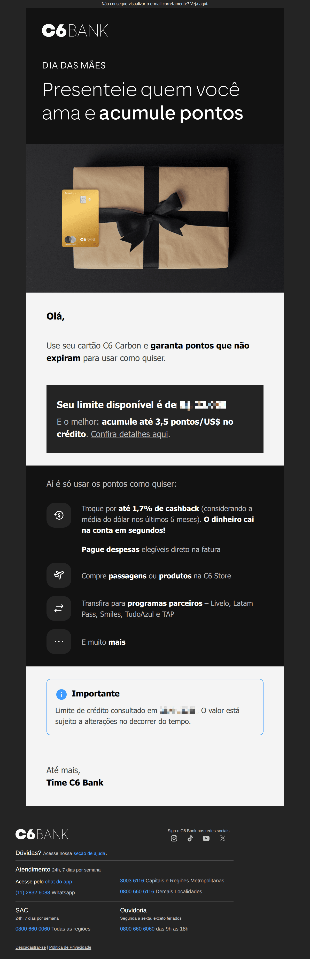 C6 Bank: Dia das Mães = pontos que não expiram🖤