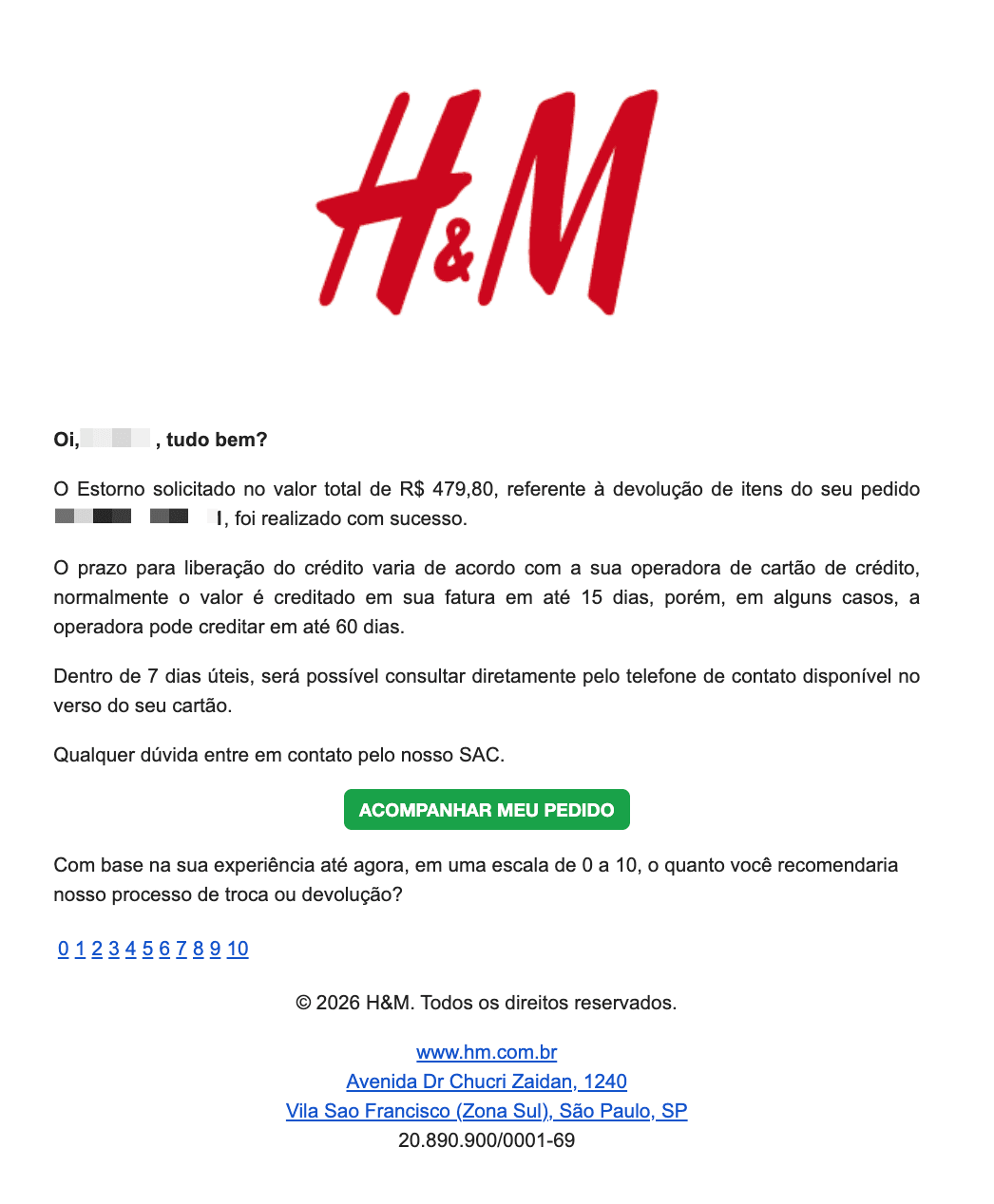 H&M: Estorno realizado | H&M