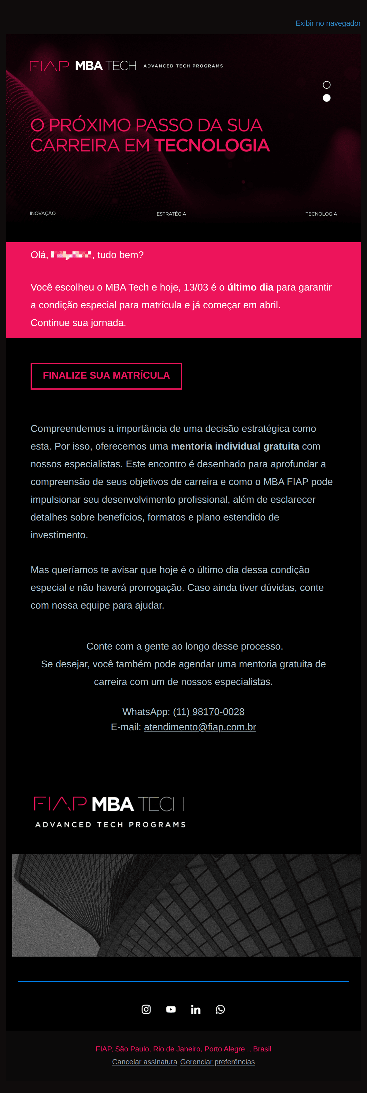 FIAP: Último dia para você aproveitar seu benefício.