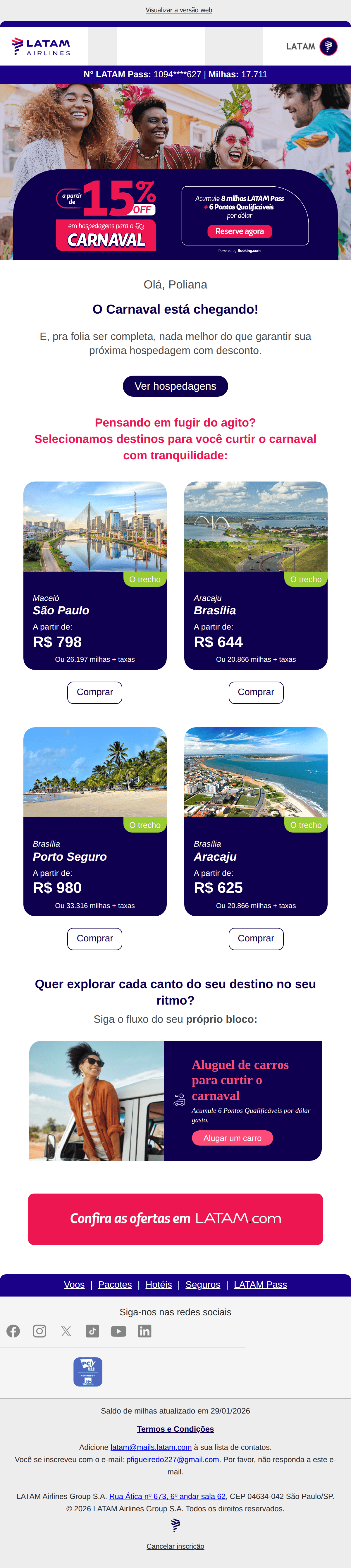 Latam: A partir de 15% OFF em hospedagens para o Carnaval 🎭