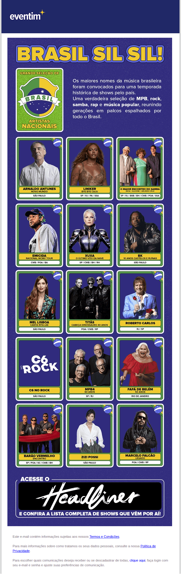 Eventim: 💚💛 Convocação oficial: 20 shows de artistas nacionais para não perder em 2026
