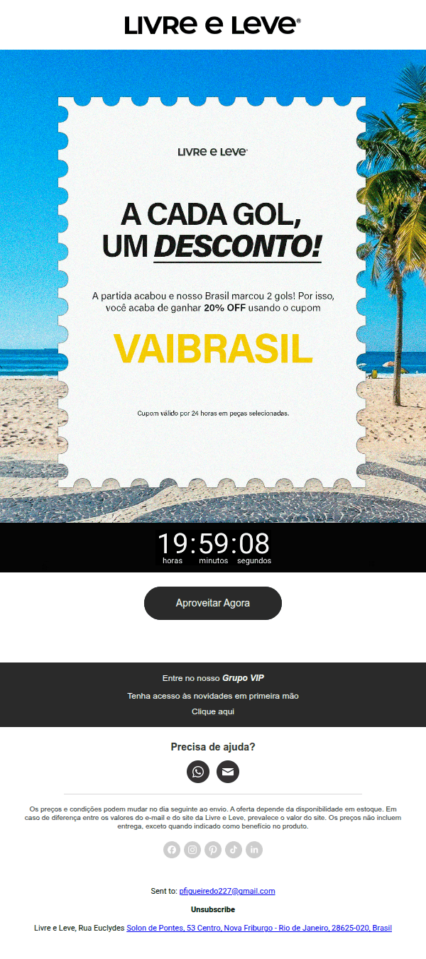 Livre e leve: ⚽ 20% OFF liberado!