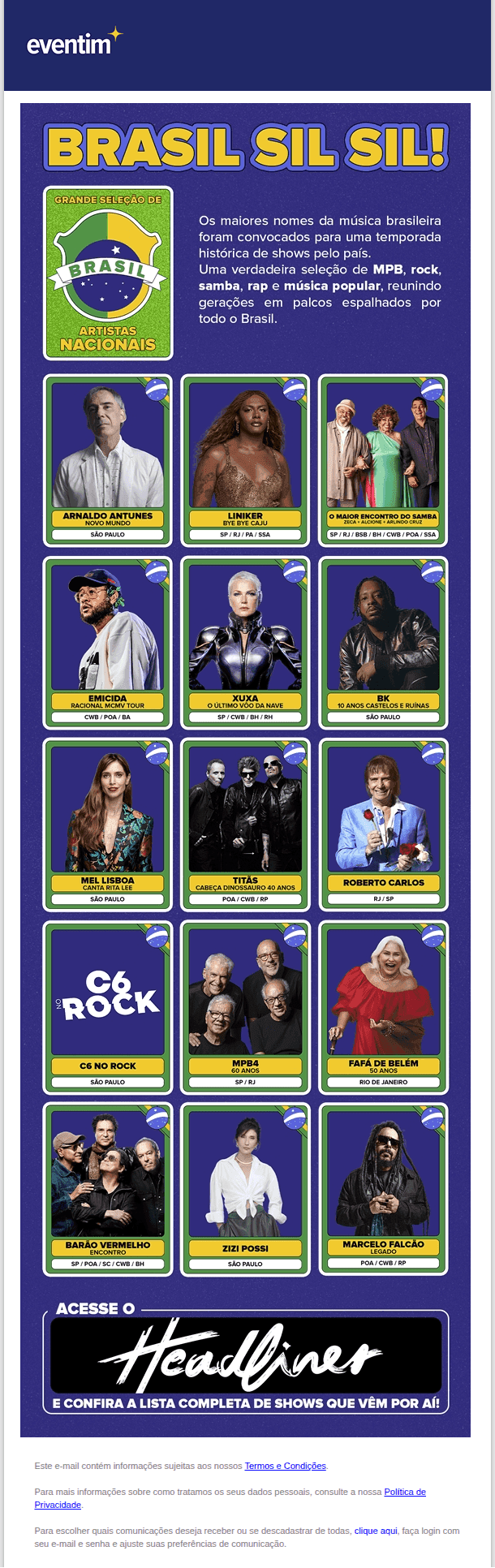 Eventim: 💚💛 Convocação oficial: 20 shows de artistas nacionais para não