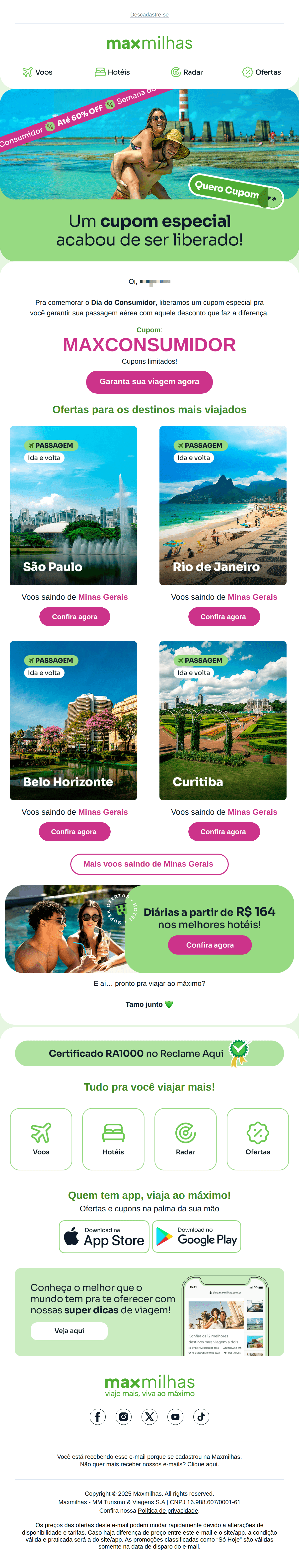 MaxMilhas: Dia do Consumidor com cupom especial pra você! ✈️